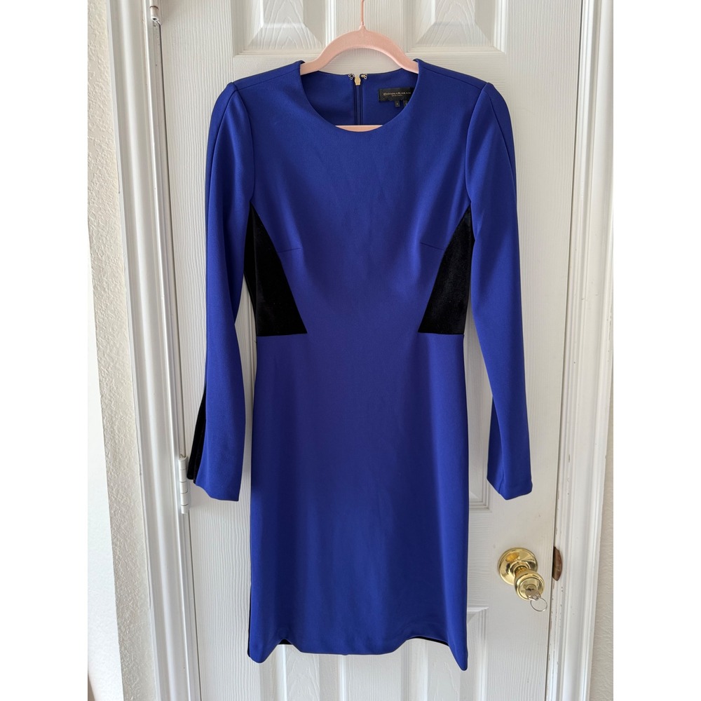 Donna Karan New York Dress Blue Black Velvet Trim Long Sleeve Sheath